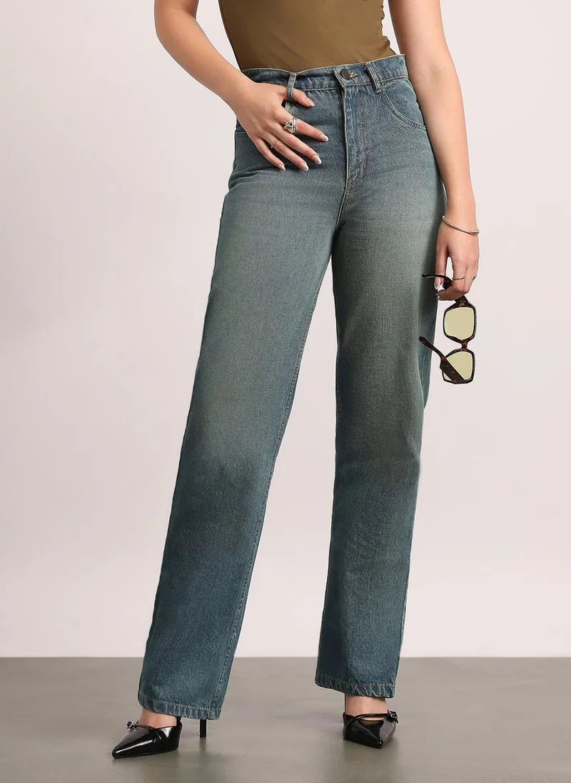 Urbano Fashion Women's Light Blue High Rise Straight Fit Washed Jeans Non-Stretchable